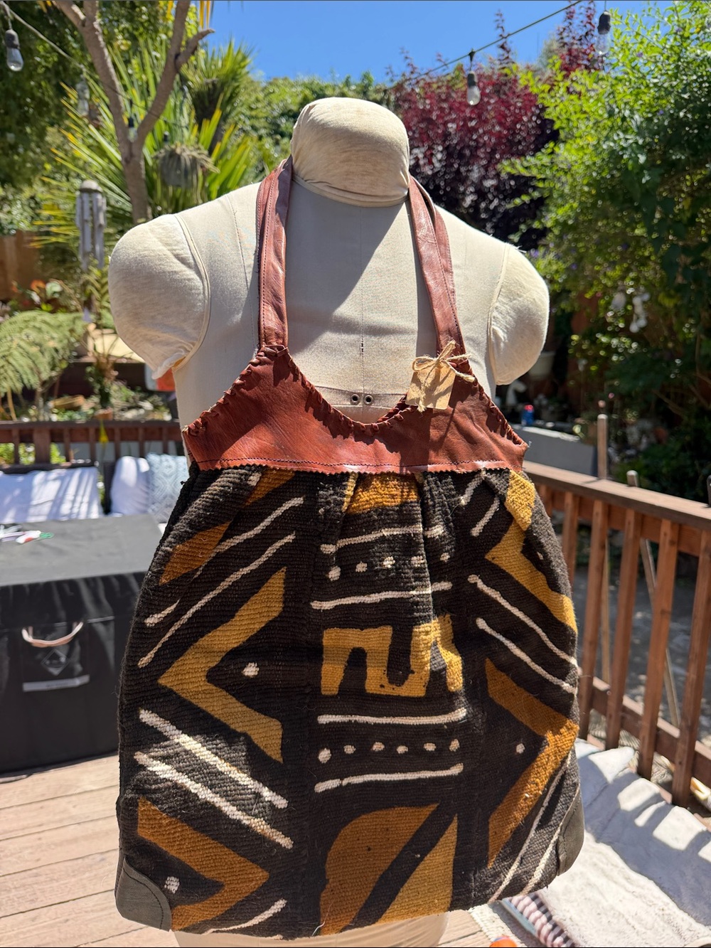 Handmade Ghana Mud Cloth & Leather Tote Bag – New, Artisan African Textile Purse